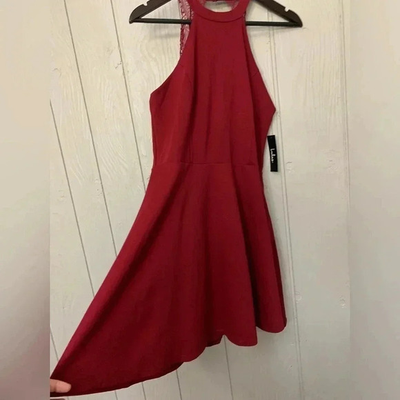 Lulus Hometown Girl Red Wine Lace Skater Mini Dress Halter Open Back | size XL - Picture 4 of 11